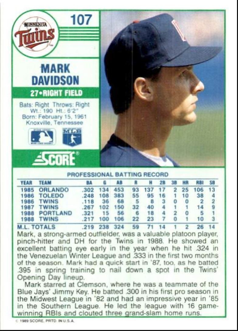 1989 Score Baseball Card Mark Davidson Minnesota Twins #107