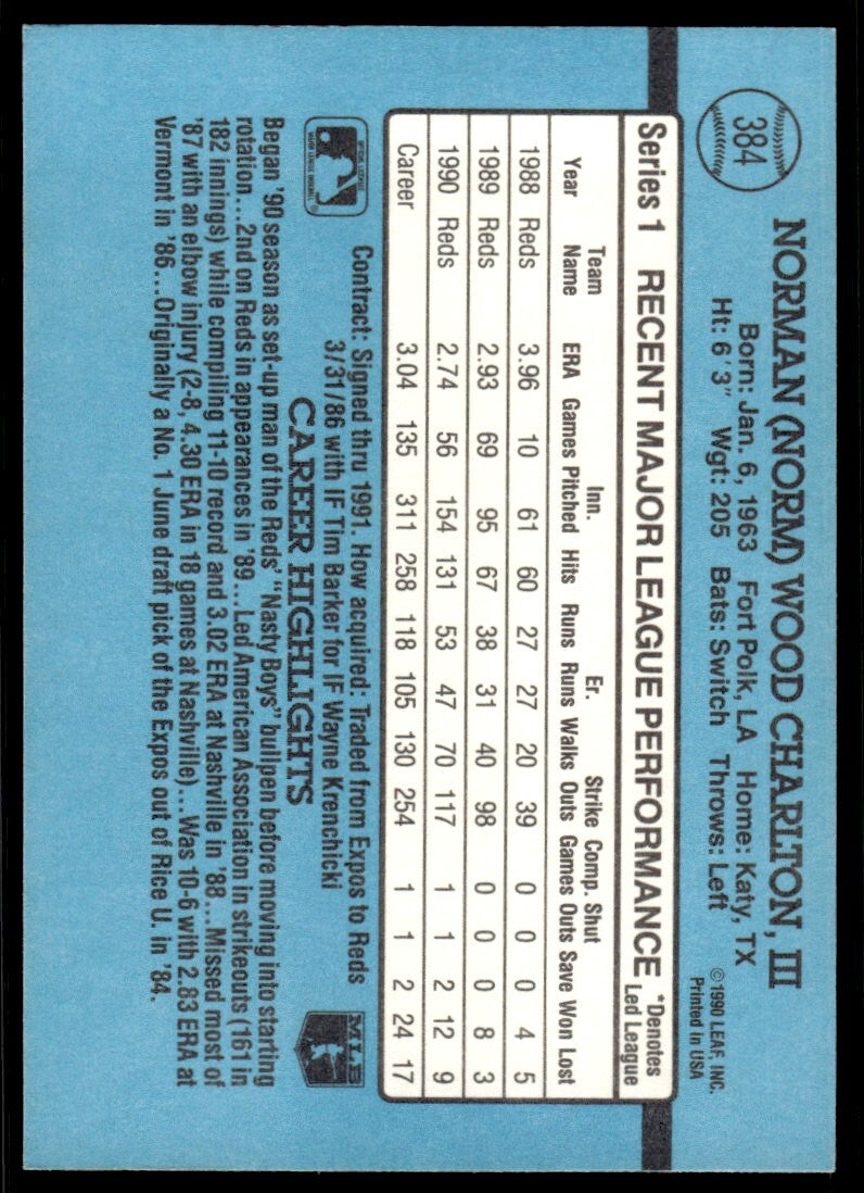 1991 Donruss Baseball Card Norm Charlton Cincinnati Reds #384