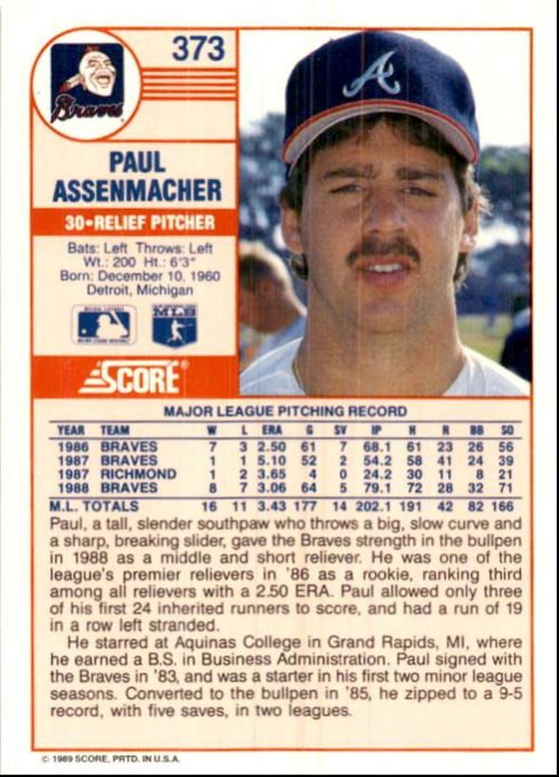 1989 Score Baseball Card Paul Assenmacher A Atlanta Braves #373