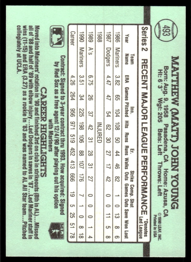 1991 Donruss Baseball Card Matt Young Seattle Mariners #493