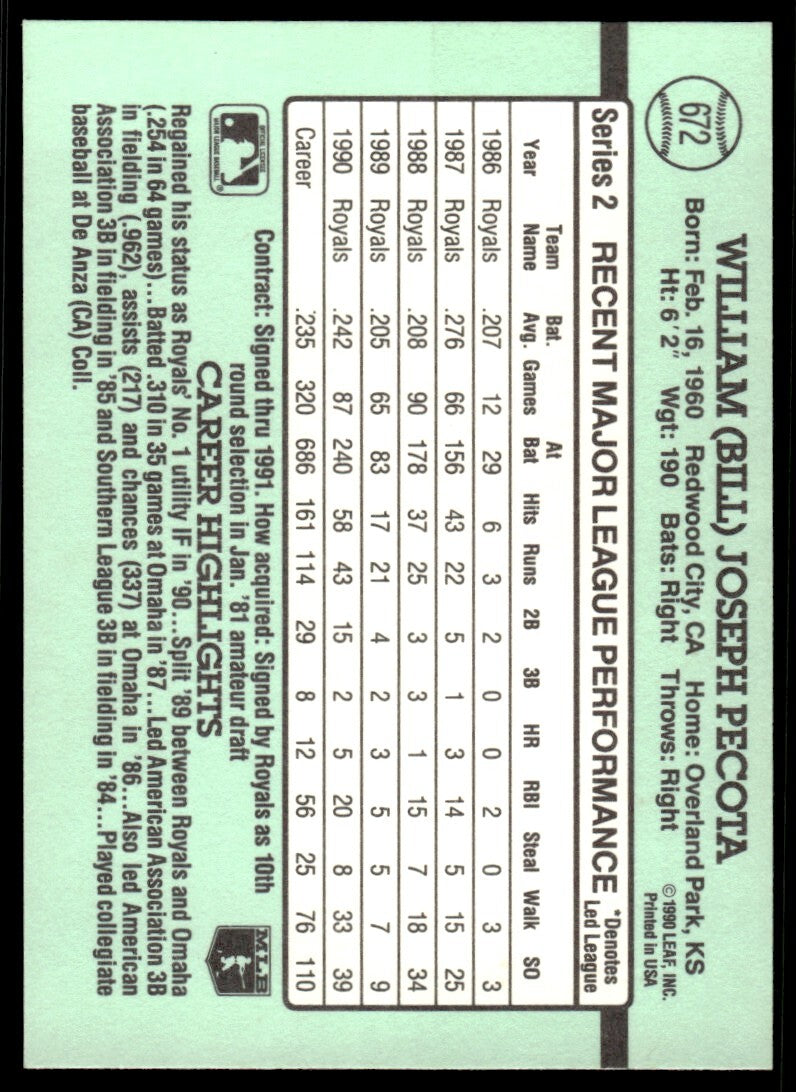 1991 Donruss Baseball Card Bill Pecota Kansas City Royals #672