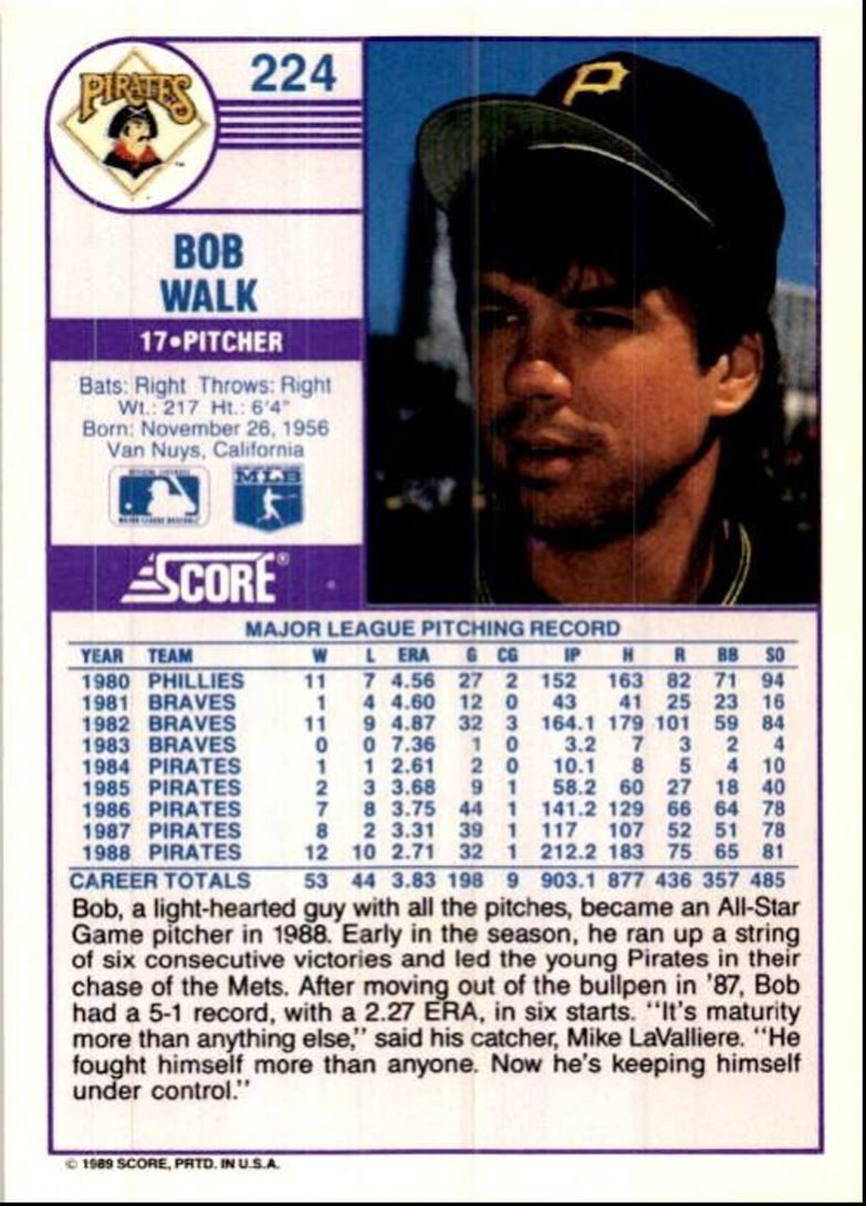 1989 Score Baseball Card Bob Walk Pittsburgh Pirates #224