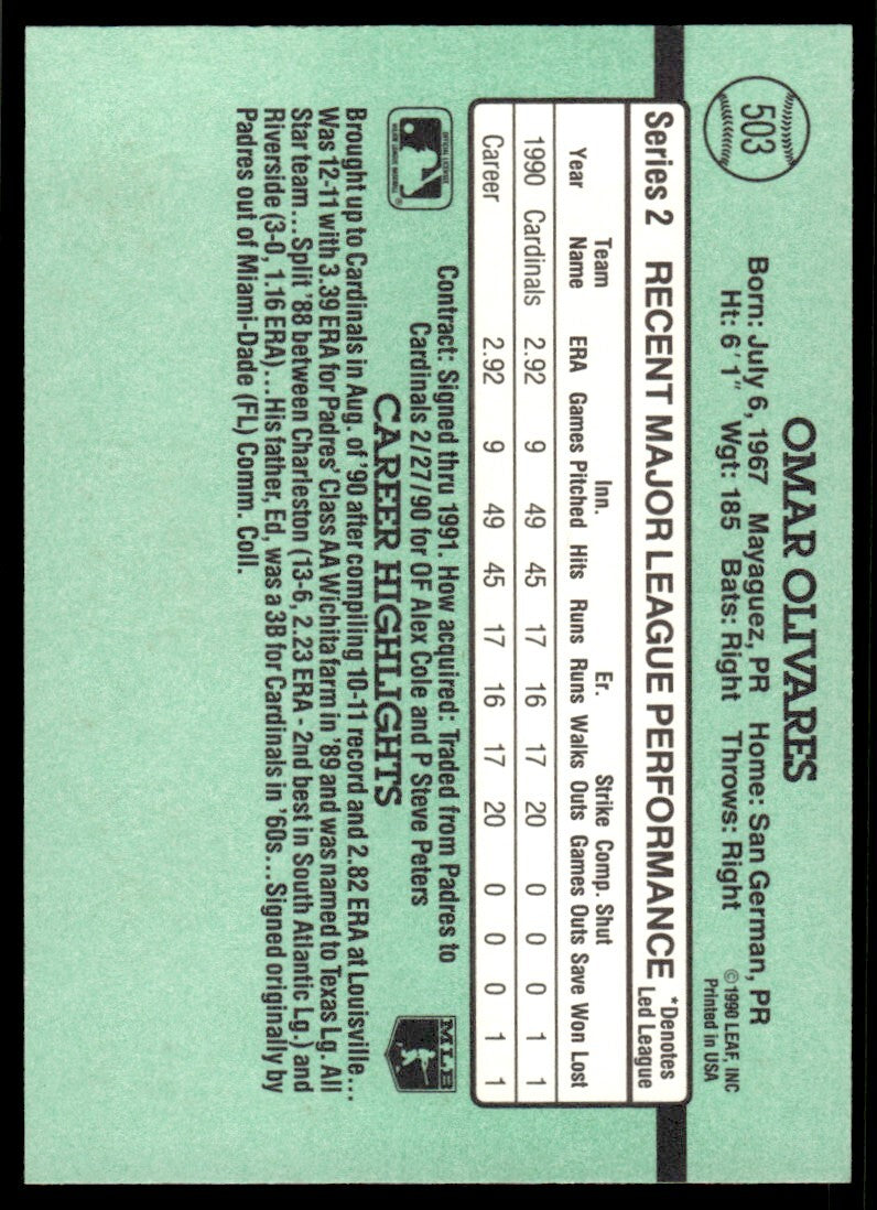 1991 Donruss Baseball Card Omar Olivares Rookie St. Louis Cardinals #503