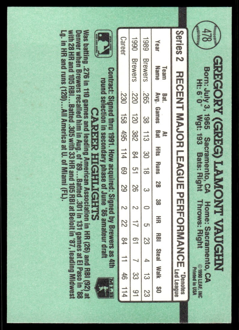 1991 Donruss Baseball Card Greg Vaughn Milwaukee Brewers #478