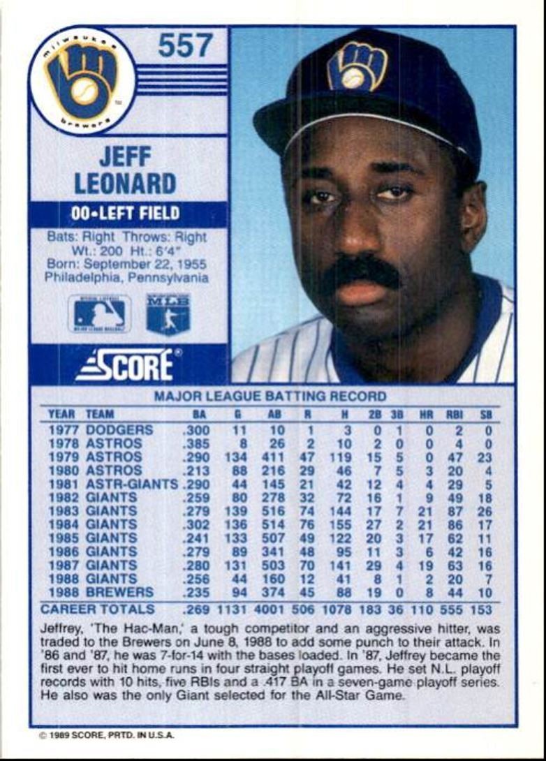 1989 Score Baseball Card Jeff Leonard B Milwaukee Brewers #557