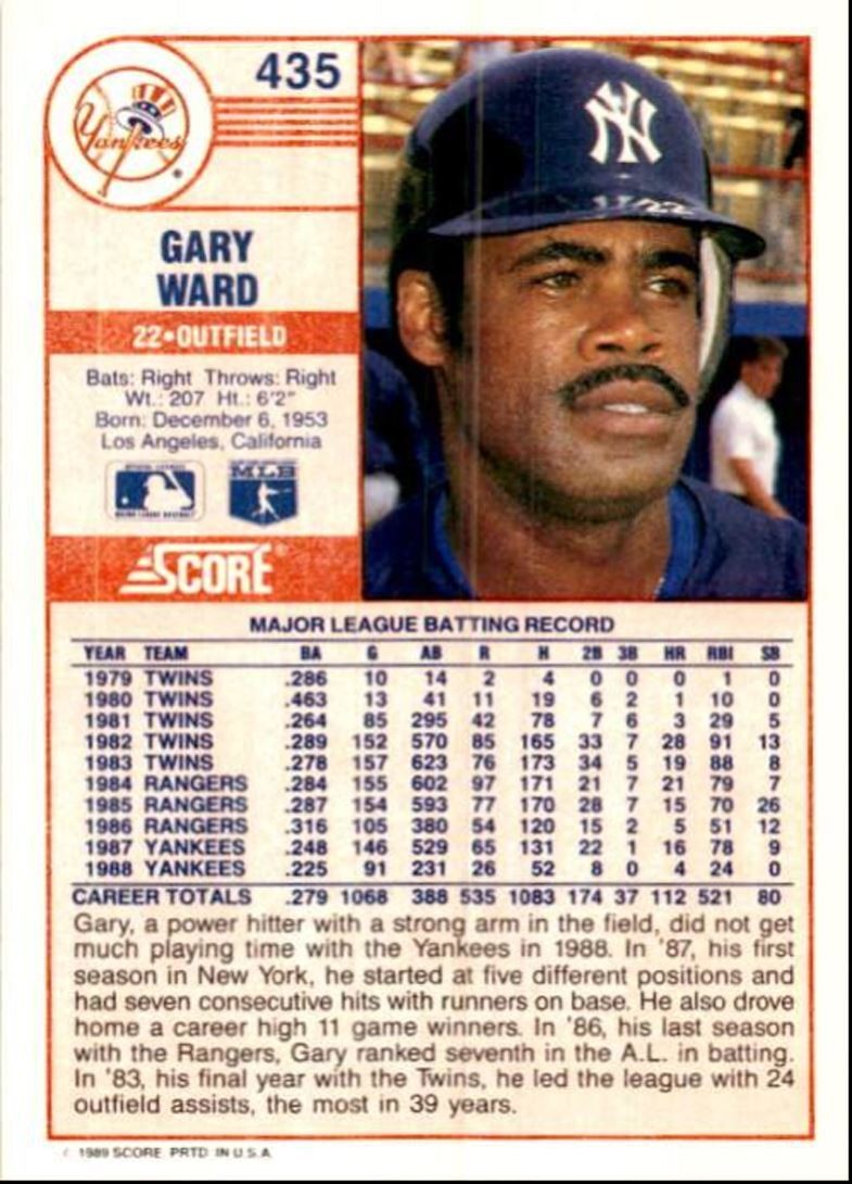 1989 Score Baseball Card Gary Ward A New York Yankees #435