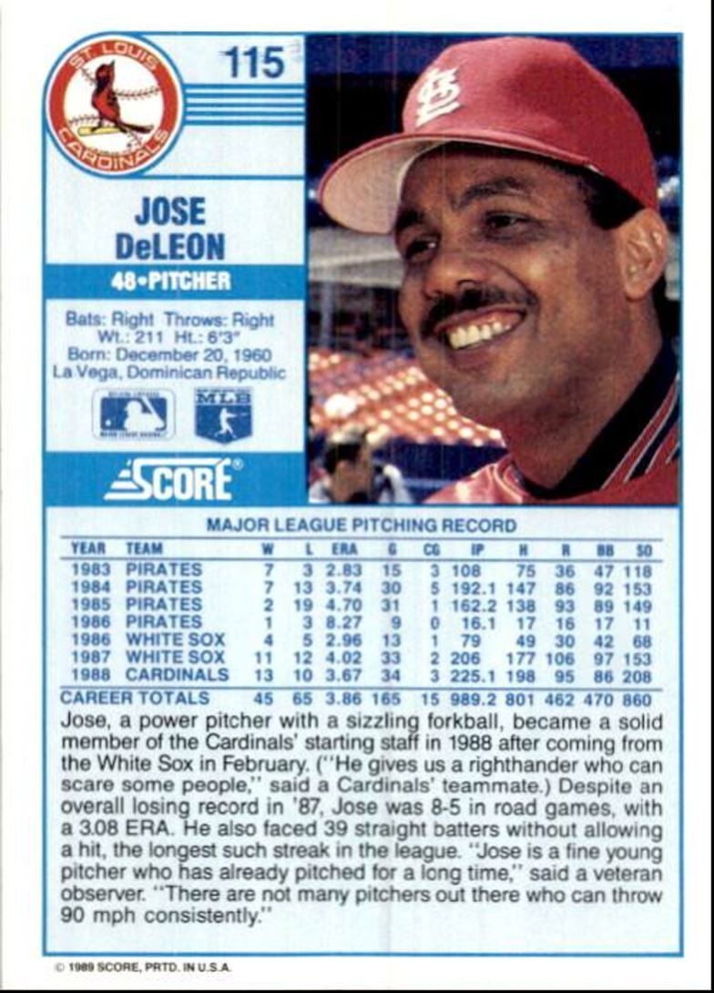 1989 Score Baseball Card Jose DeLeon B St. Louis Cardinals #115
