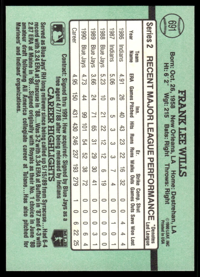 1991 Donruss Baseball Card Frank Wills Toronto Blue Jays #691