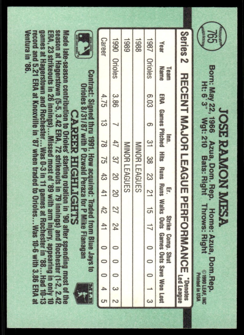1991 Donruss Baseball Card Jose Mesa Baltimore Orioles #765