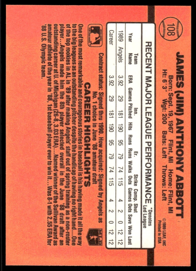 1990 Donruss Jim Abbott California Angels #108