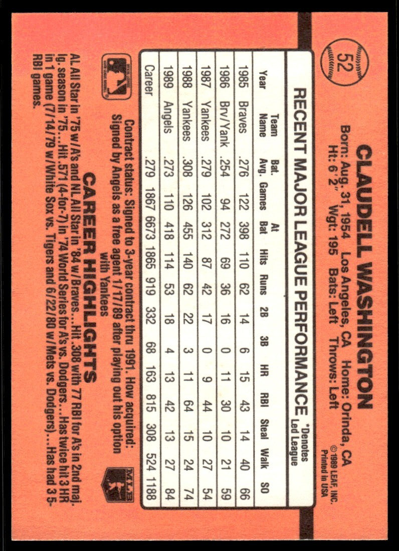 1990 Donruss Claudell Washington California Angels #52
