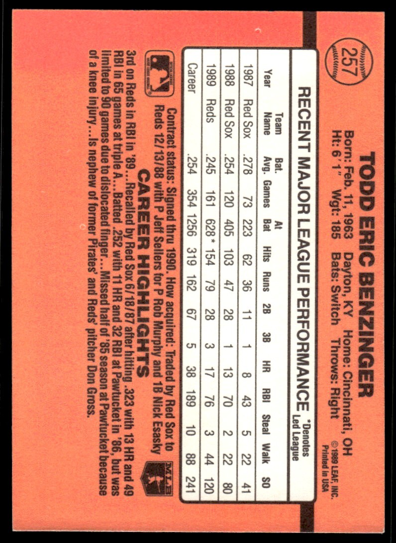 1990 Donruss Baseball Card Todd Benzinger Cincinnati Reds #257