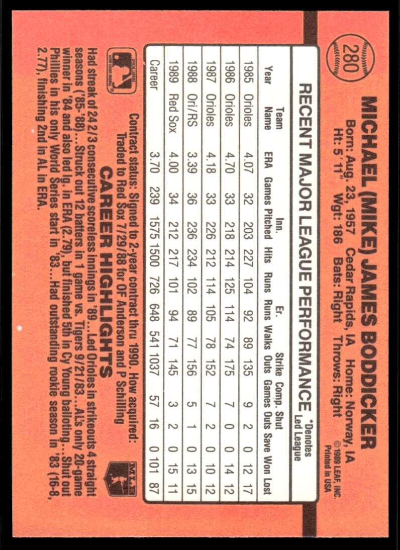 1990 Donruss Baseball Card Mike Boddicker Boston Red Sox #280