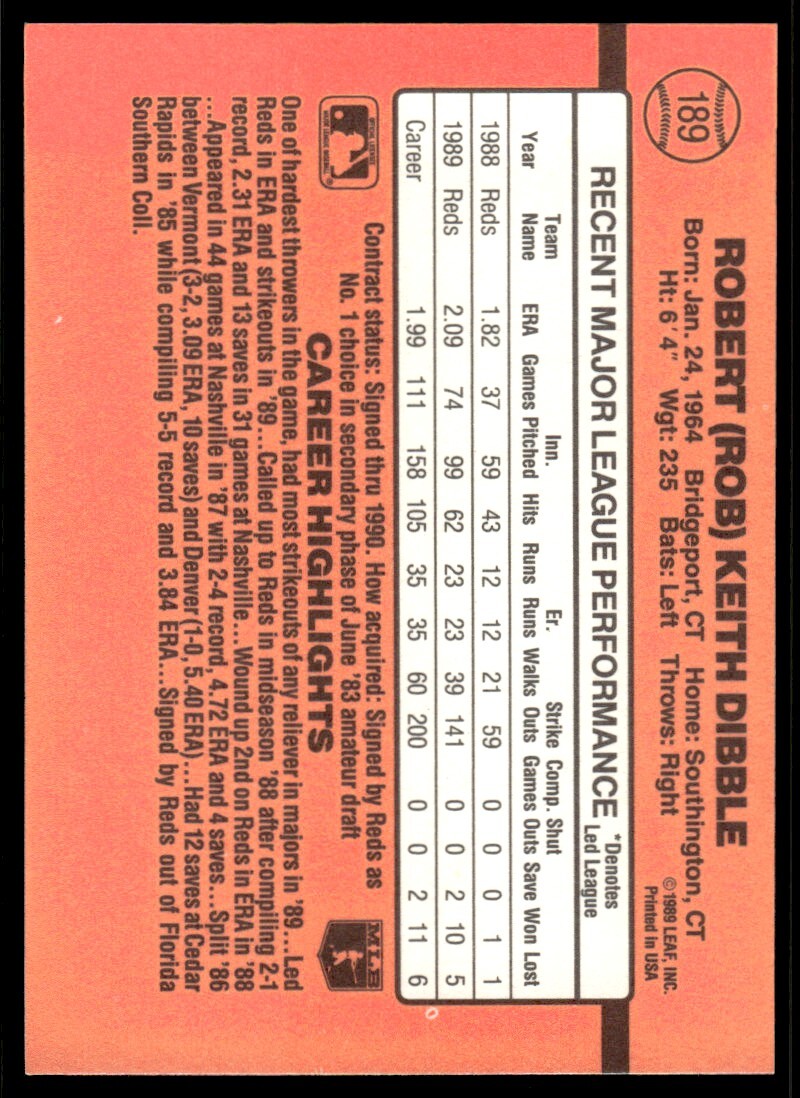 1990 Donruss Baseball Card Rob Dibble Cincinnati Reds #189