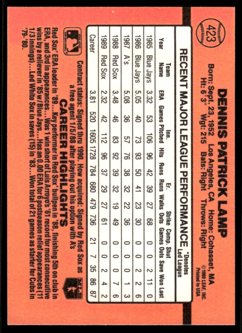 1990 Donruss Baseball Card Dennis Lamp Boston Red Sox #423