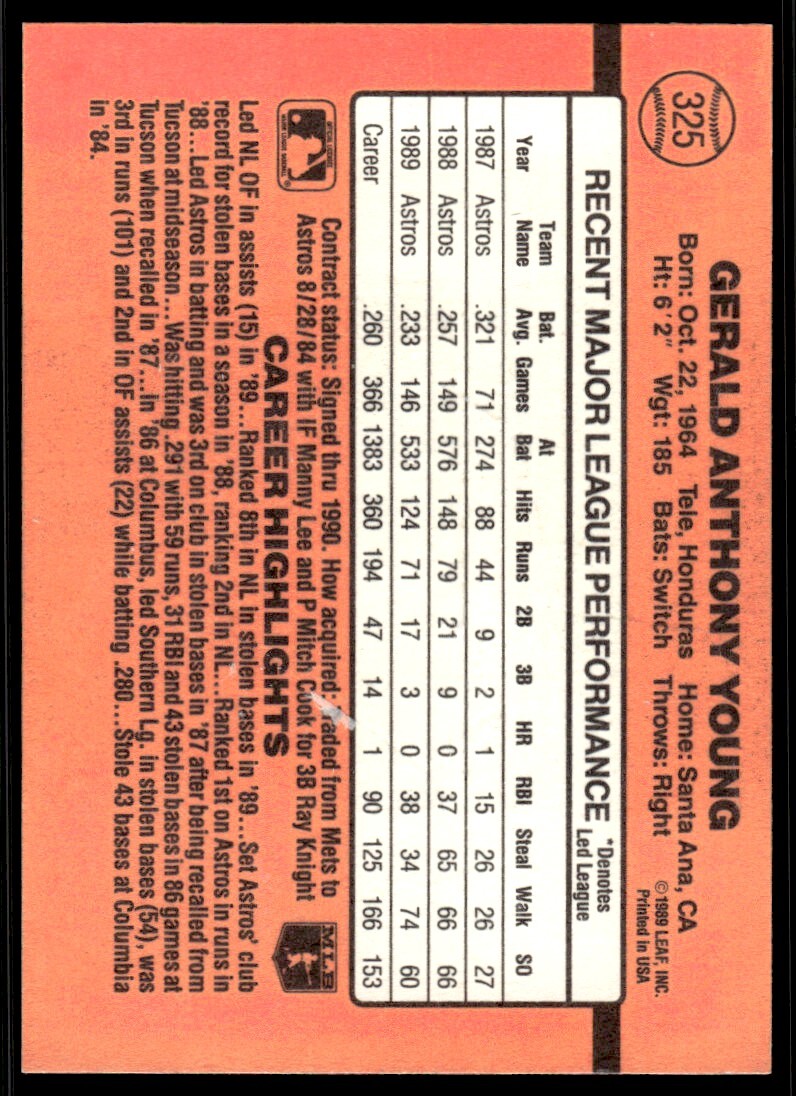 1990 Donruss Baseball Card Gerald Young Houston Astros #325