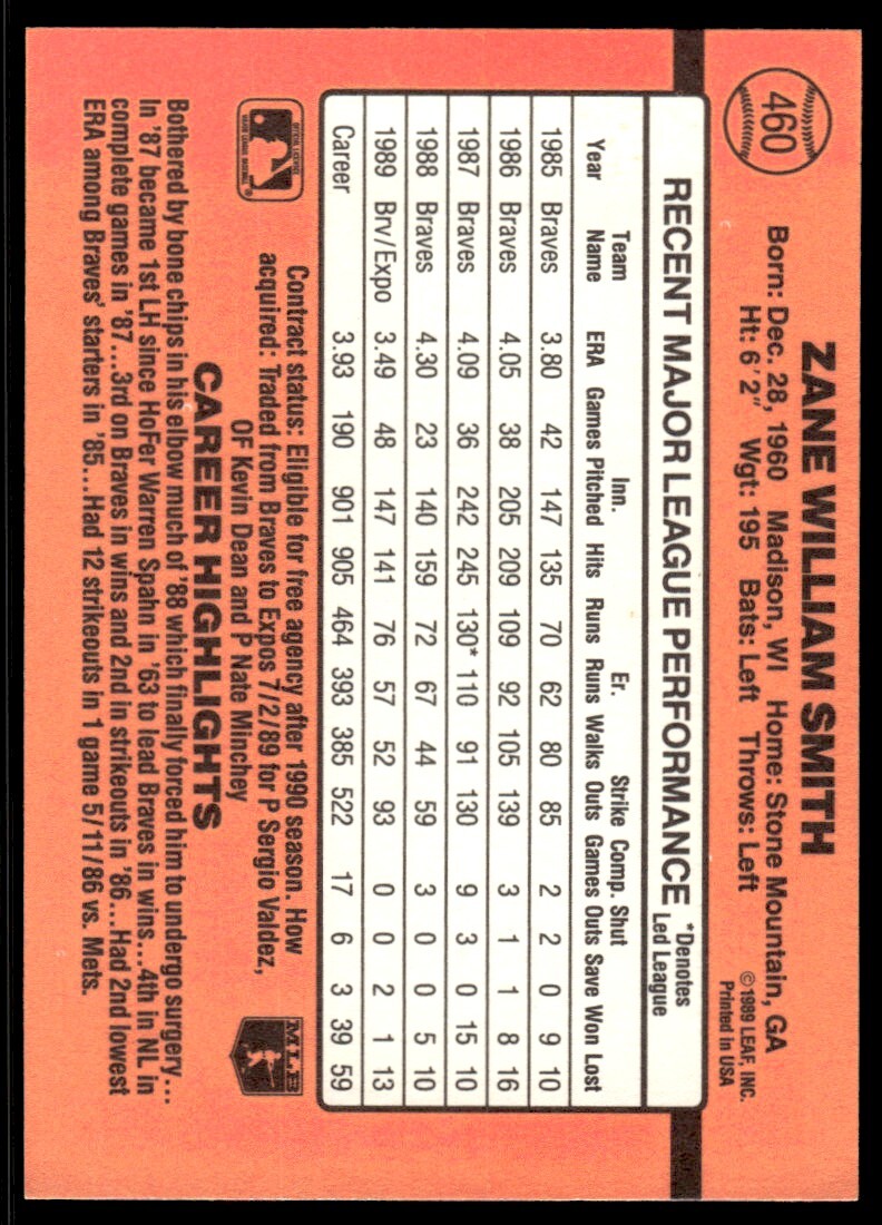 1990 Donruss Baseball Card Zane Smith Montreal Expos #460