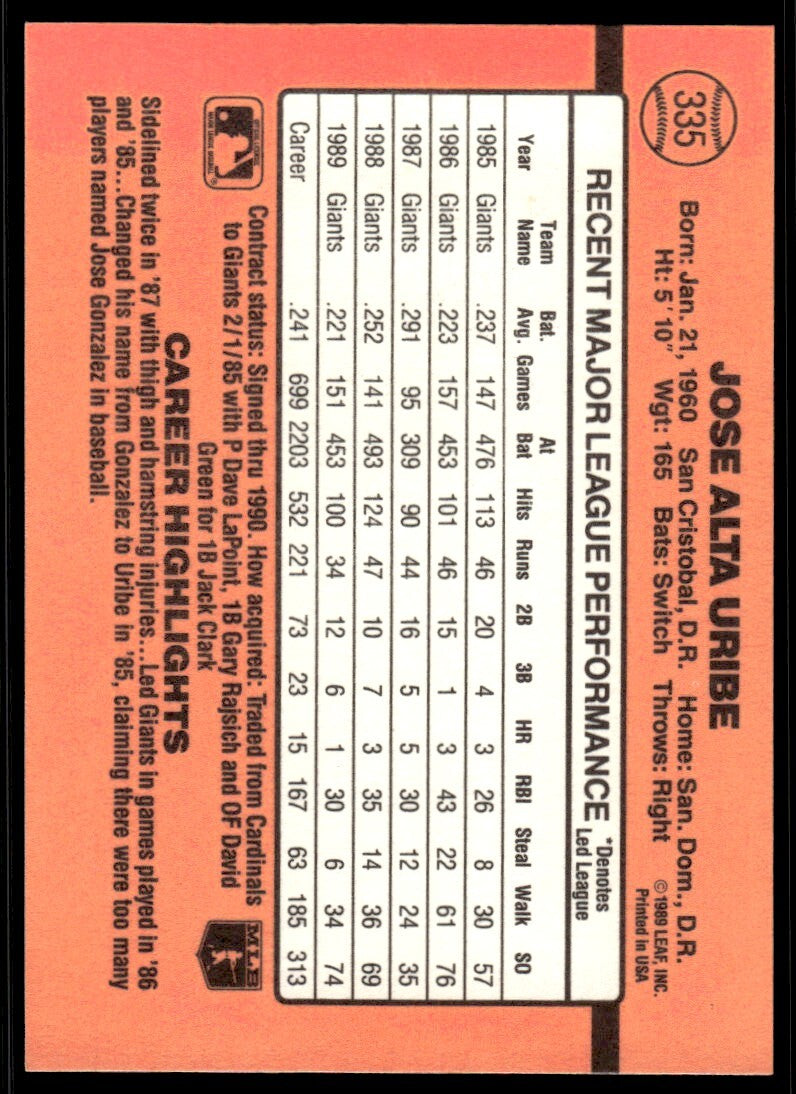 1990 Donruss Baseball Card Jose Uribe San Francisco Giants #335