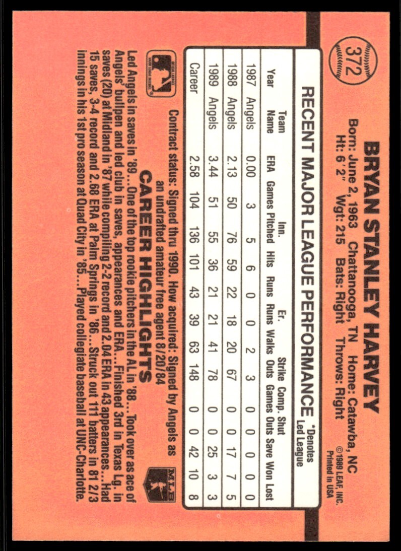 1990 Donruss Baseball Card Bryan Harvey California Angels #372