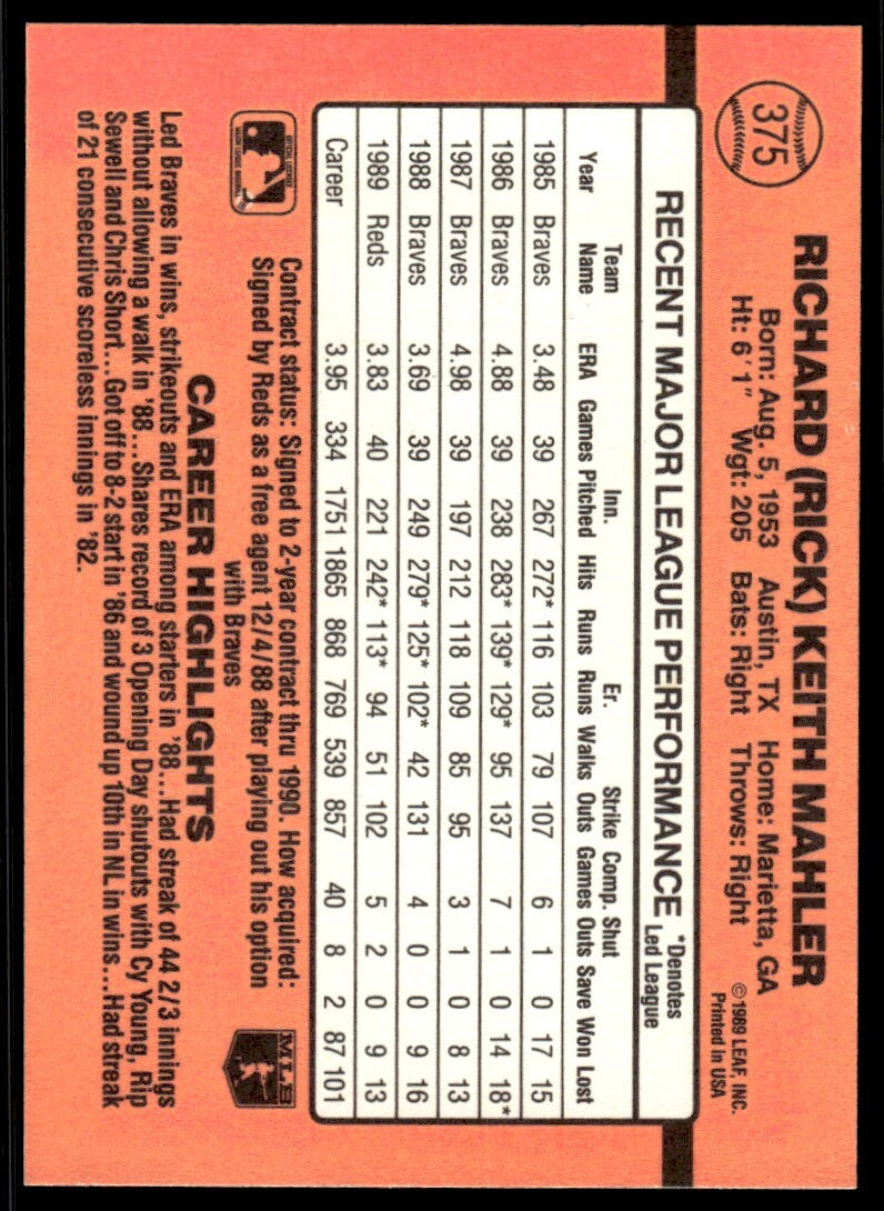 1990 Donruss Baseball Card Rick Mahler Cincinnati Reds #375