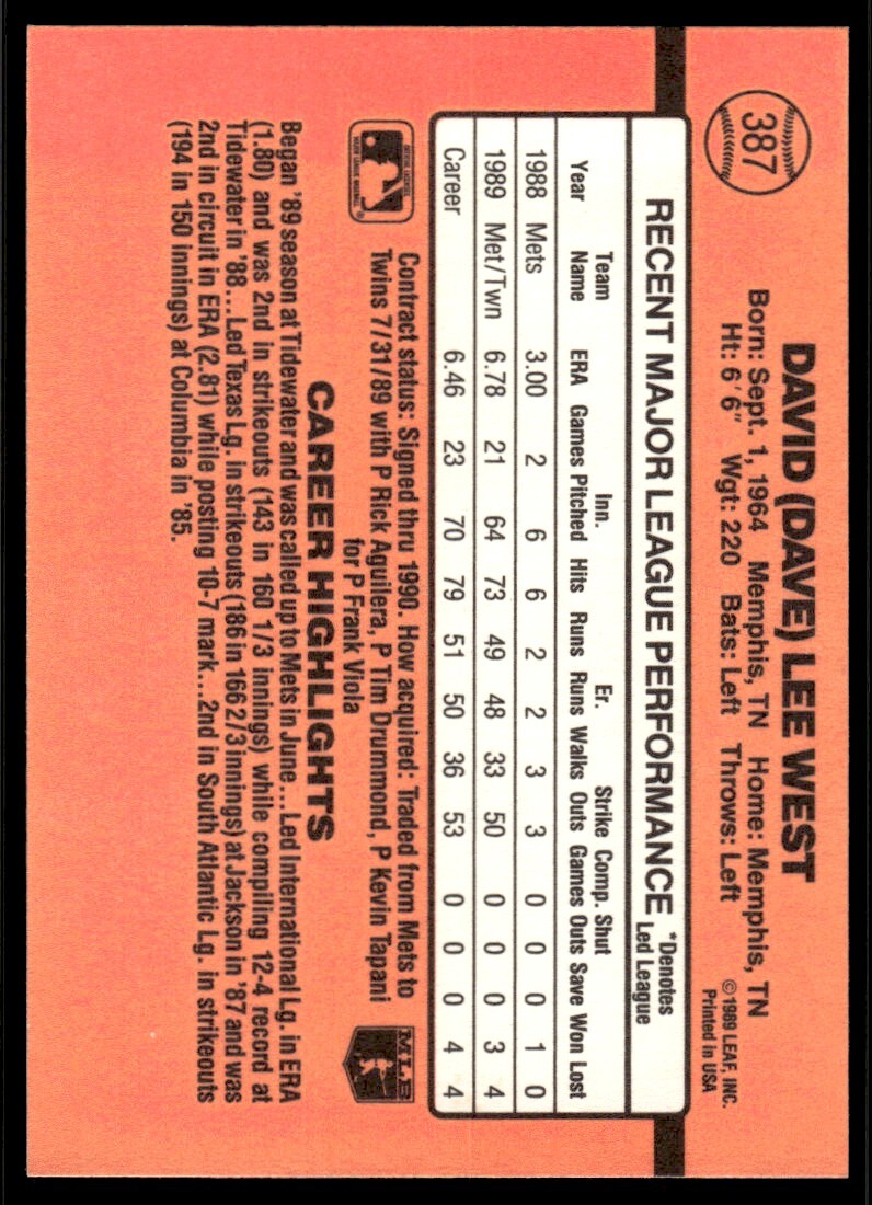 1990 Donruss Baseball Card Dave West Minnesota Twins #387