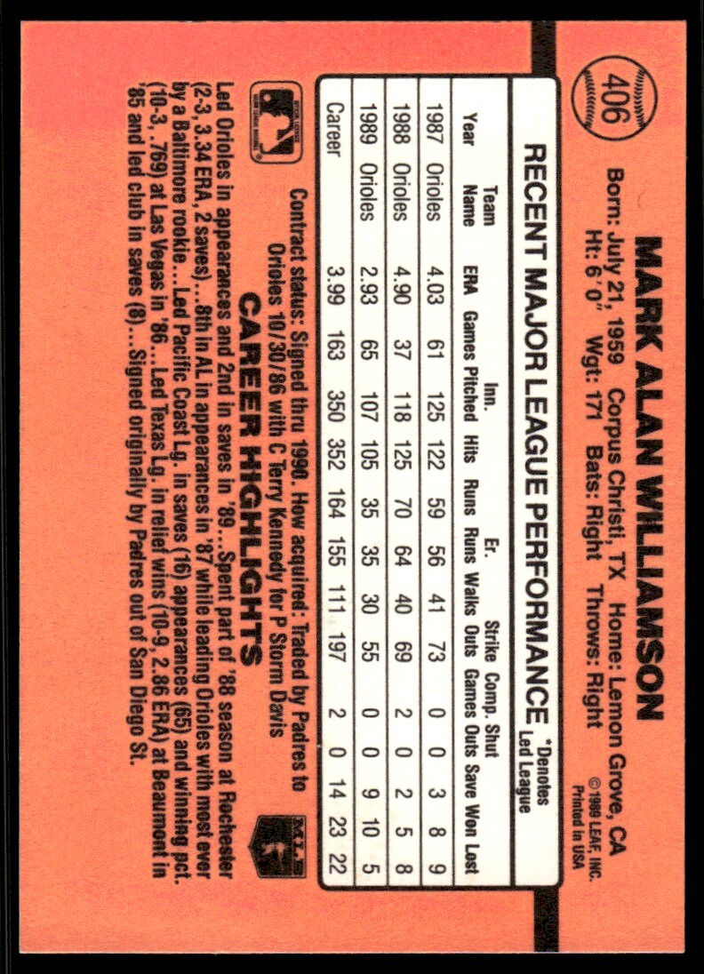 1990 Donruss Baseball Card Mark Williamson Baltimore Orioles #406