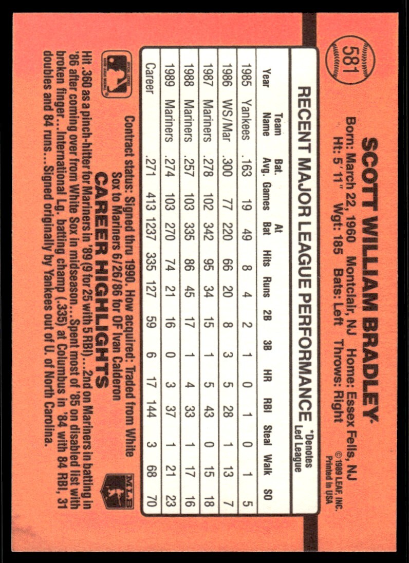 1990 Donruss Baseball Card Scott Bradley Seattle Mariners #581