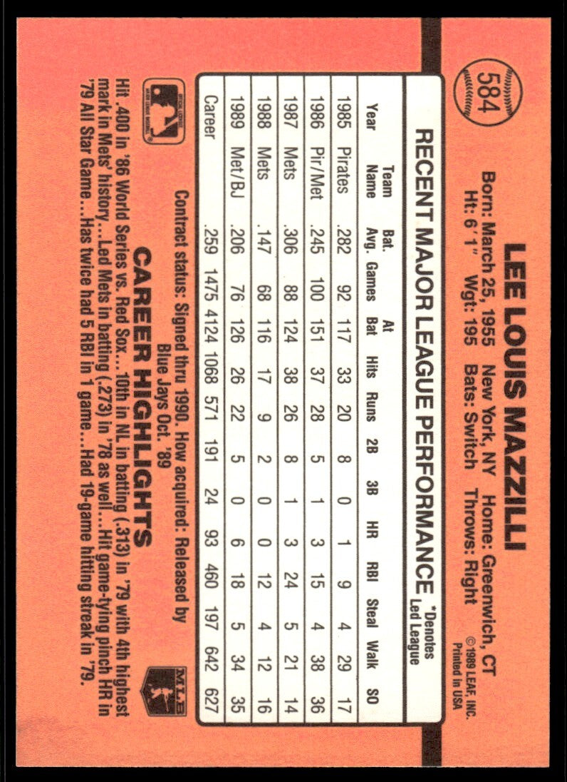 1990 Donruss Baseball Card Lee Mazzilli Toronto Blue Jays #584