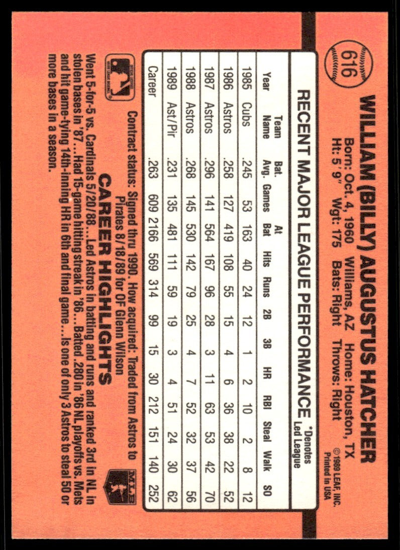 1990 Donruss Baseball Card Billy Hatcher Pittsburgh Pirates #616