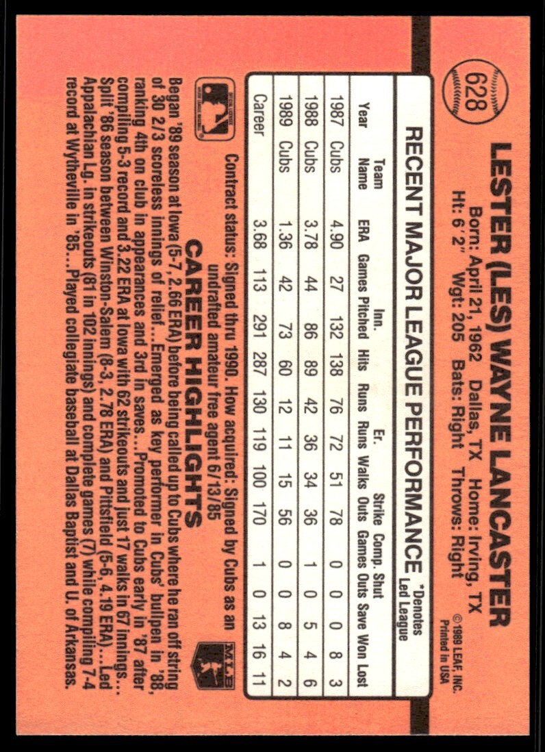 1990 Donruss Baseball Card Les Lancaster Chicago Cubs #628