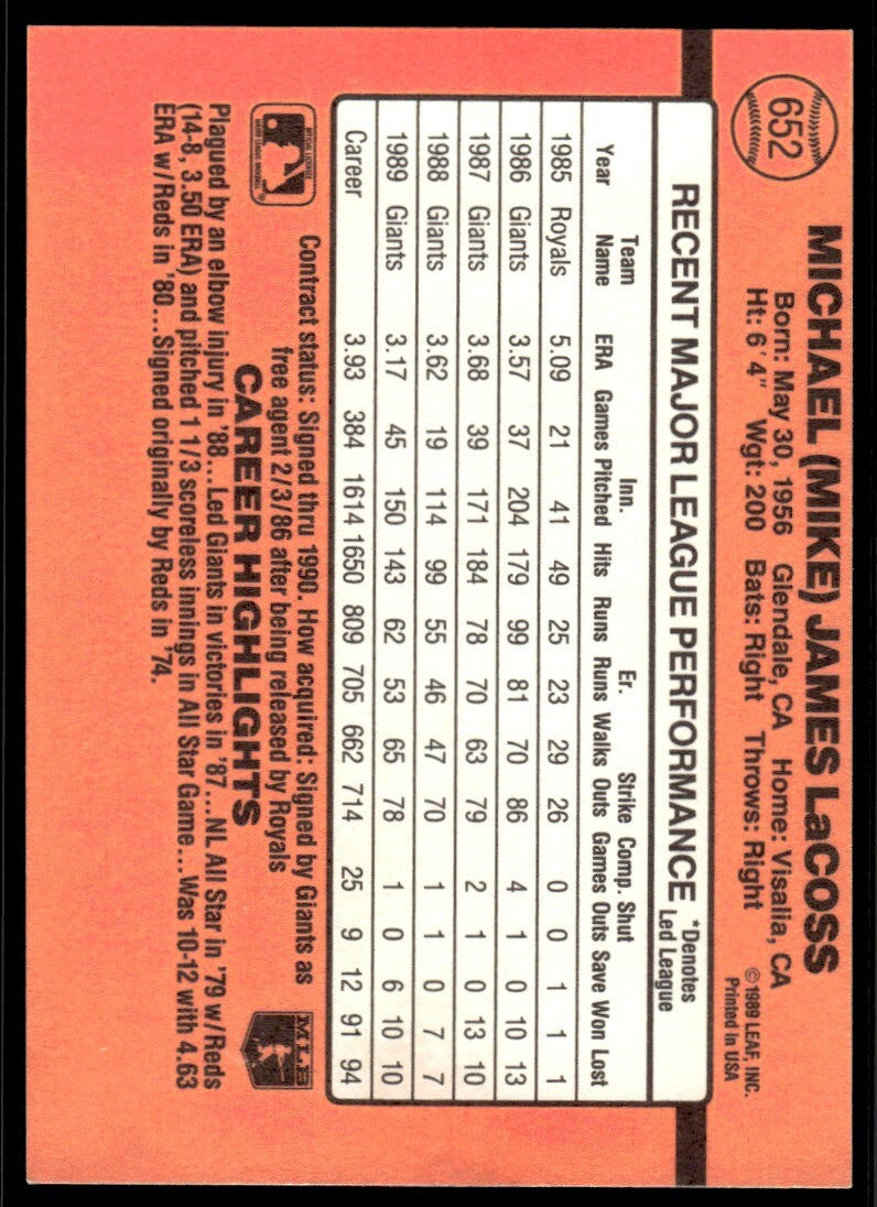 1990 Donruss Baseball Card Mike LaCoss San Francisco Giants #652