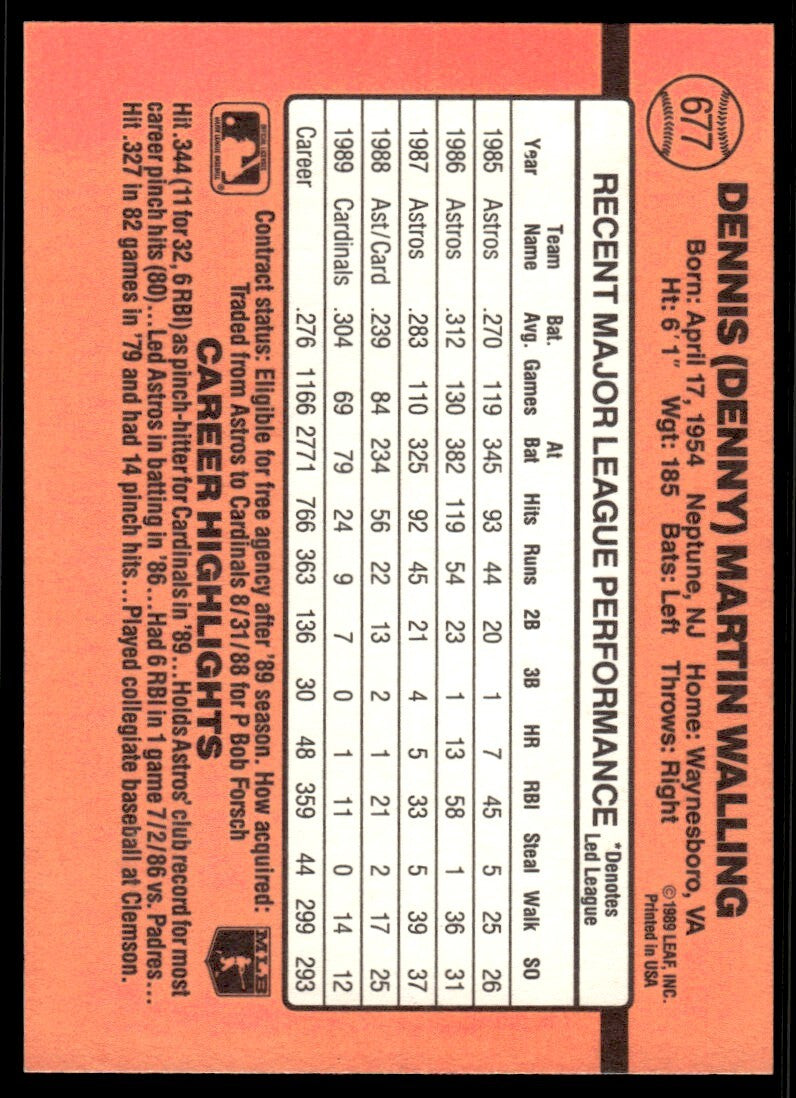 1990 Donruss Baseball Card Denny Walling St. Louis Cardinals #677