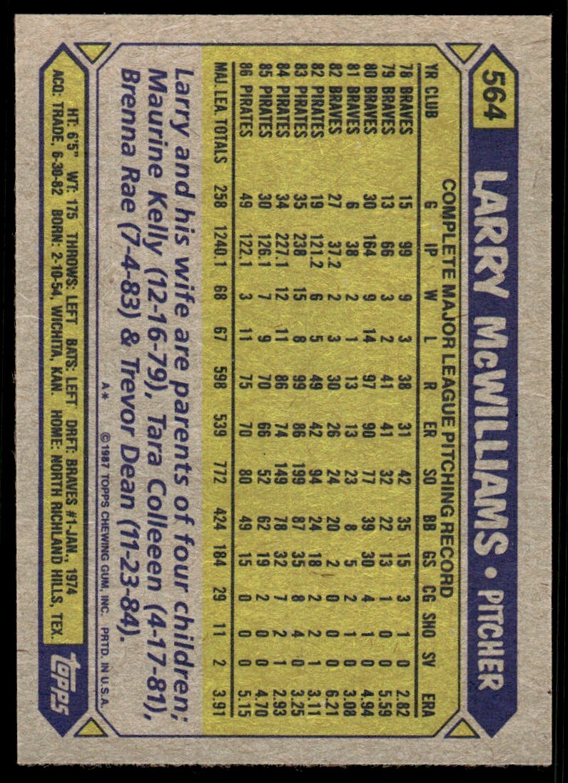 1987 Topps Baseball Card Larry McWilliams Pittsburgh Pirates #564