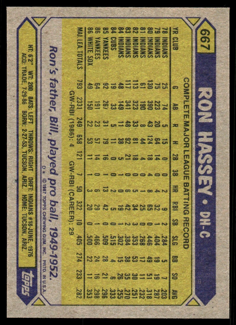 1987 Topps Baseball Card Ron Hassey Chicago White Sox #667