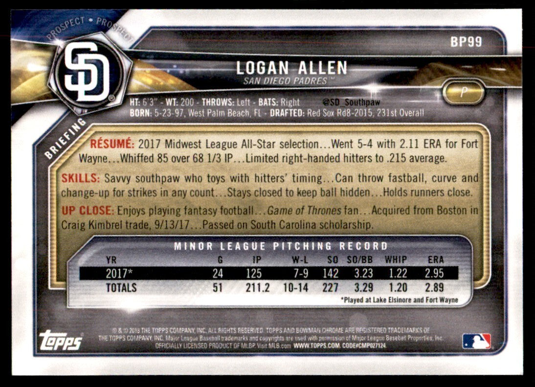 2018 Bowman Logan Allen F Baseball Cards #BP99