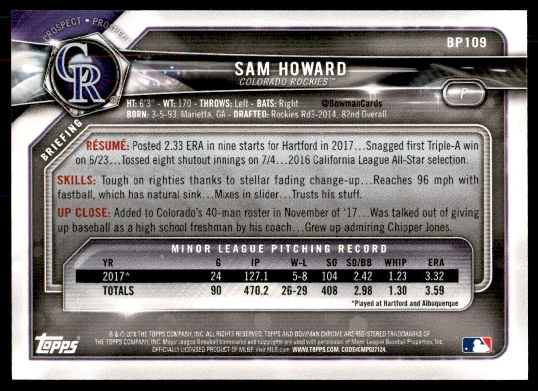 2018 Bowman Sam Howard Baseball Cards #BP109