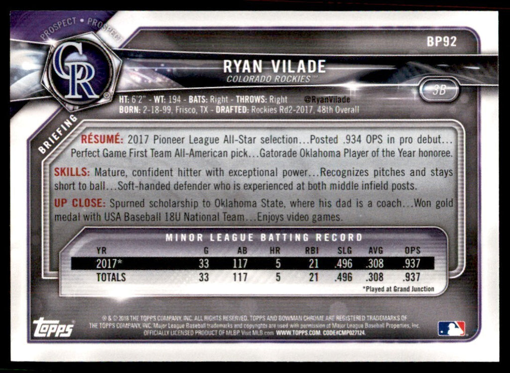 2018 Bowman Ryan Vilade Baseball Cards #BP92