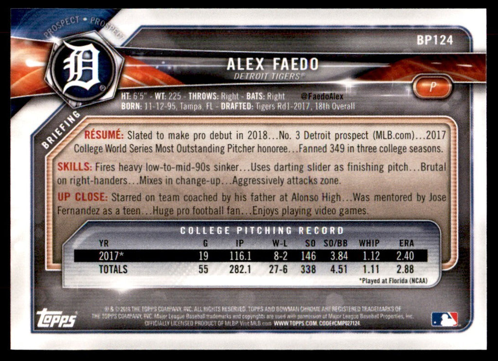2018 Bowman Alex Faedo B Baseball Cards #BP124