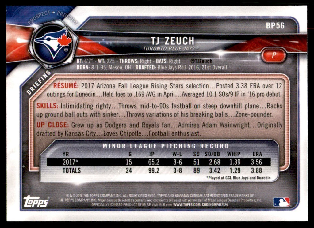 2018 Bowman T.J. Zeuch B Baseball Cards #BP56