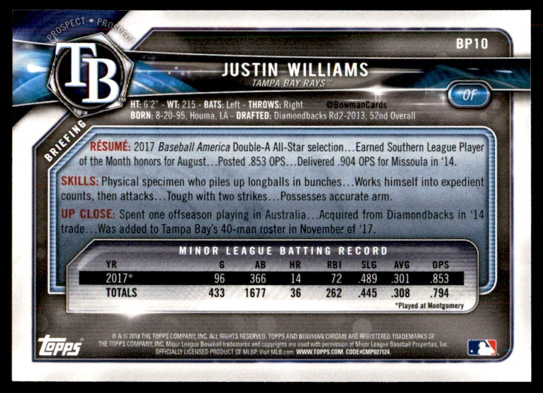 2018 Bowman Justin Williams A Baseball Cards #BP10