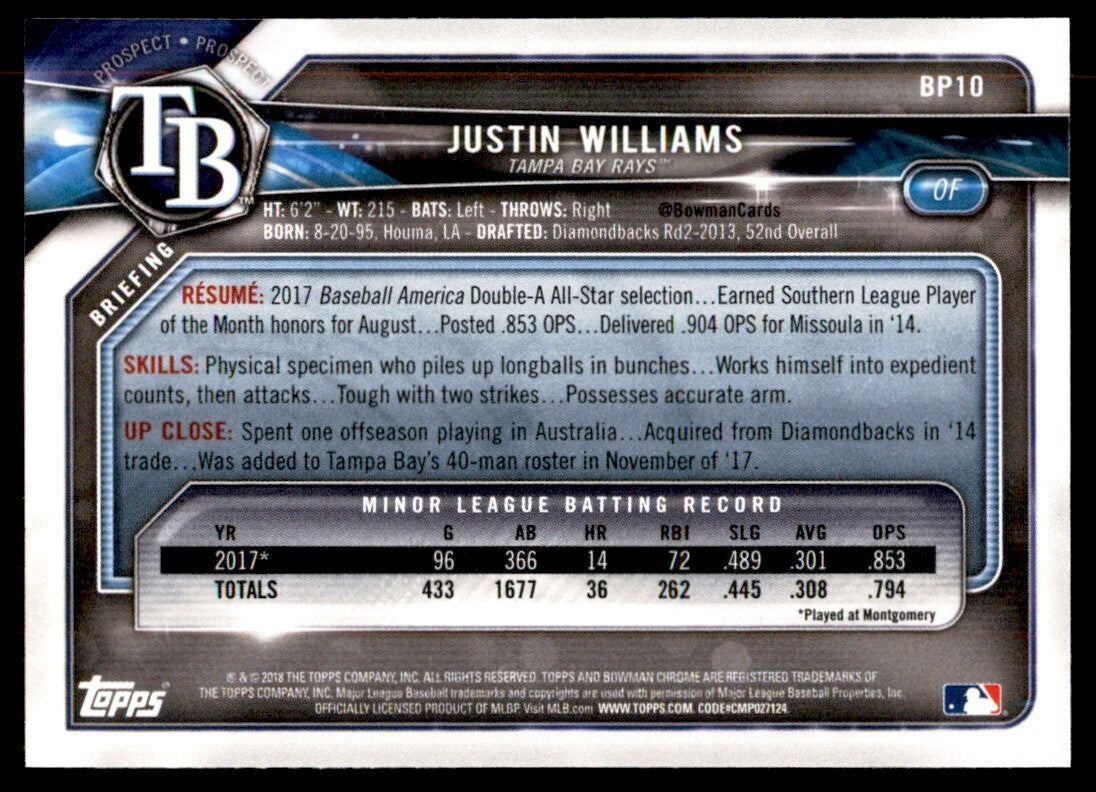2018 Bowman Justin Williams Baseball Cards #BP10