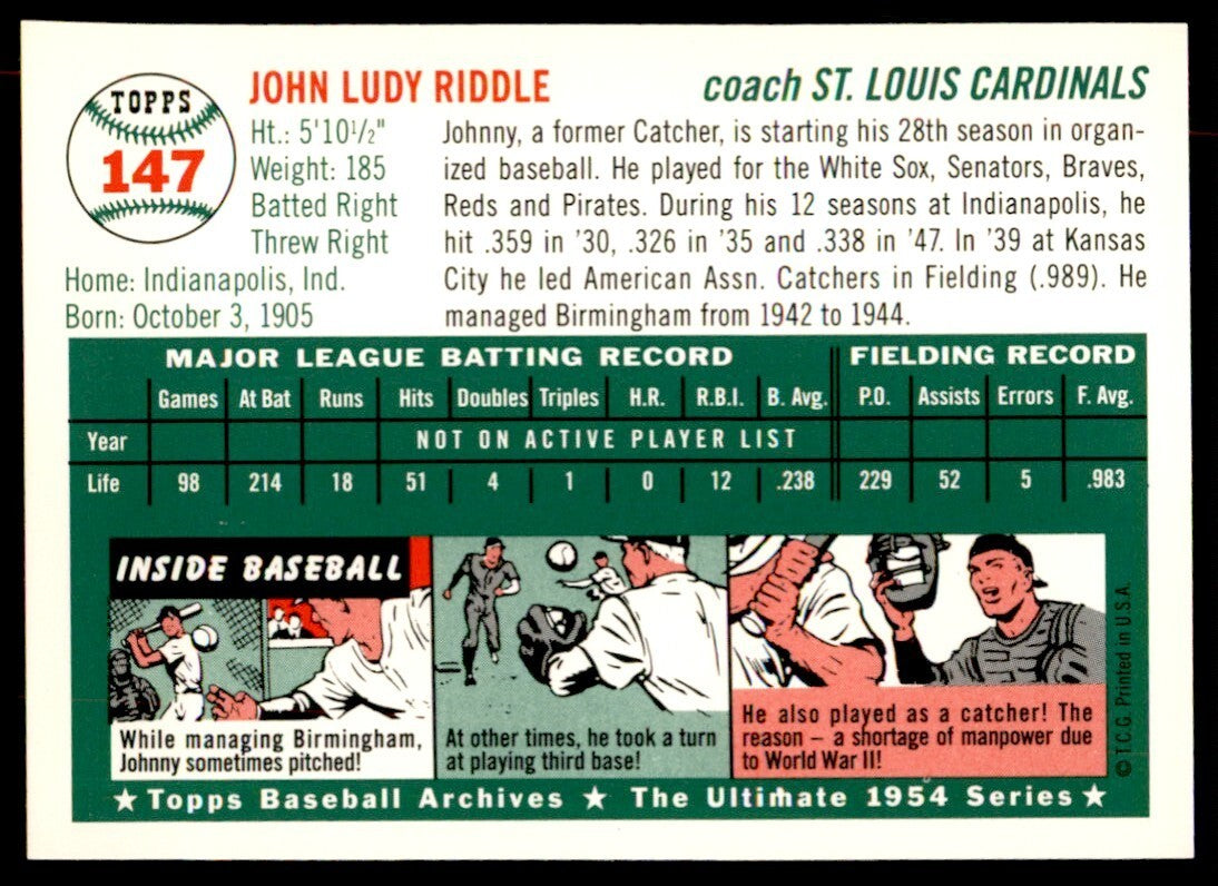 1994 Topps Archives 1954 Johnny Riddle Baseball Cards #147