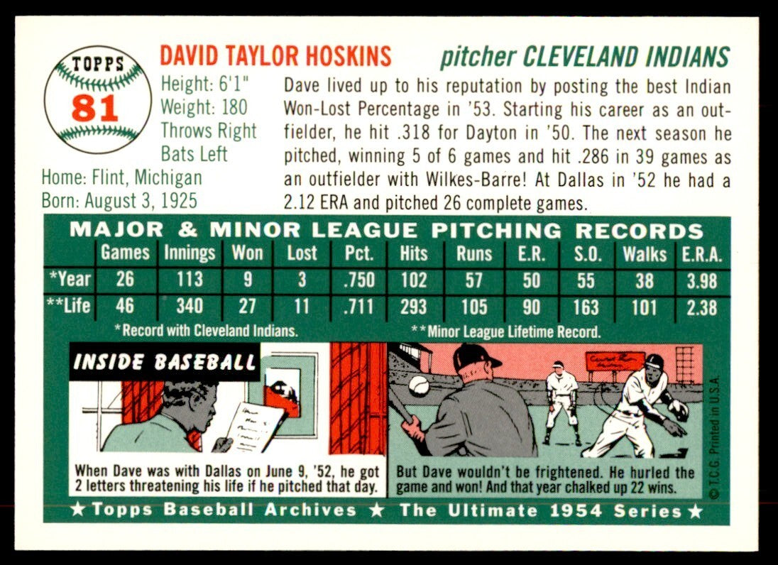 1994 Topps Archives 1954 Dave Hoskins Baseball Cards #81