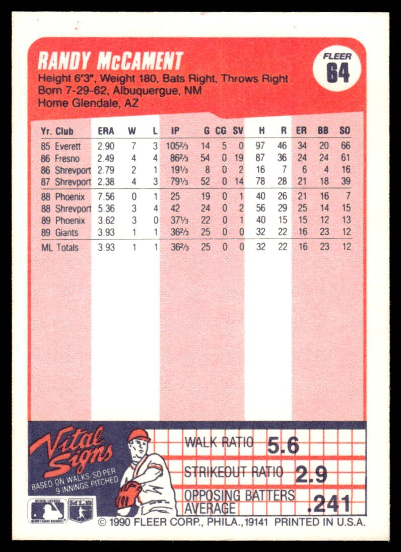 1990 Fleer Baseball Card Randy McCament Rookie San Francisco Giants #64