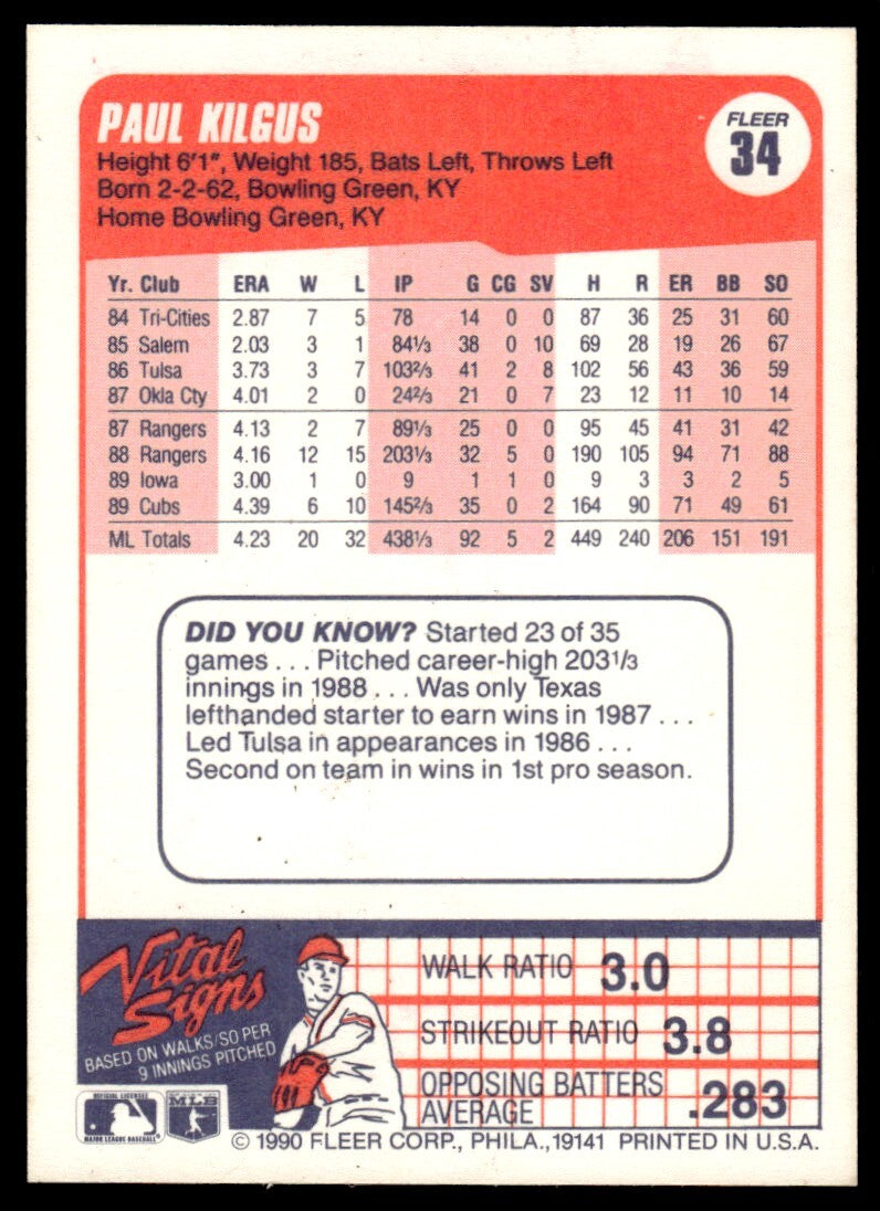 1990 Fleer Baseball Card Paul Kilgus Chicago Cubs #34