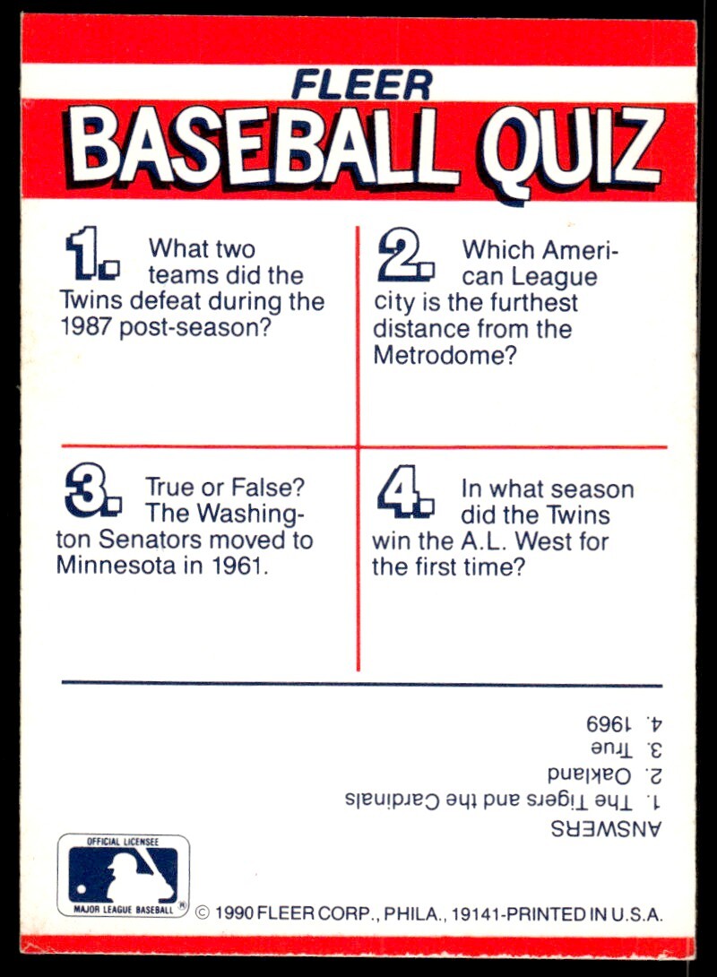 1990 Fleer Baseball Card Minnesota Twins Sticker