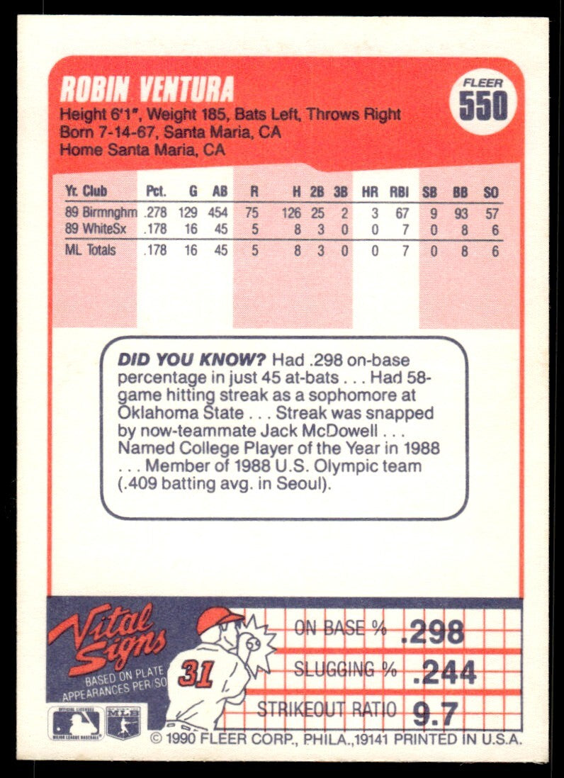 1990 Fleer Baseball Card Robin Ventura Chicago White Sox #550