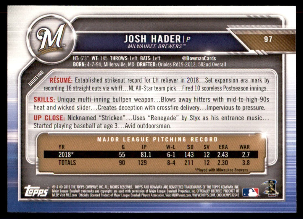 2019 Bowman Josh Hader. Baseball Cards #97