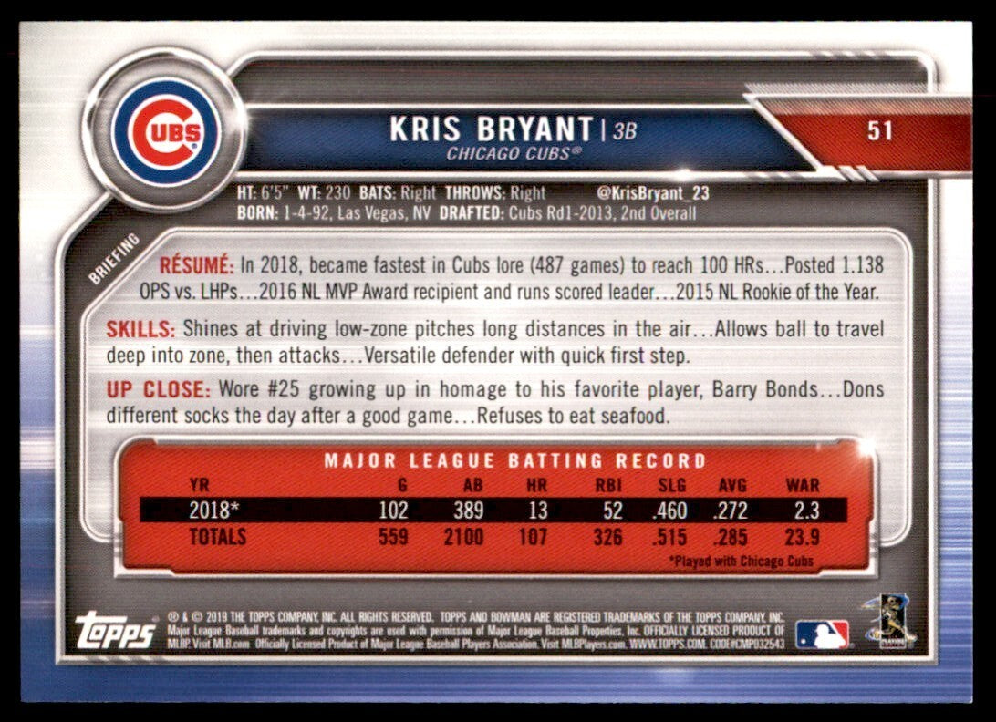 2019 Bowman Kris Bryant. Baseball Cards #51