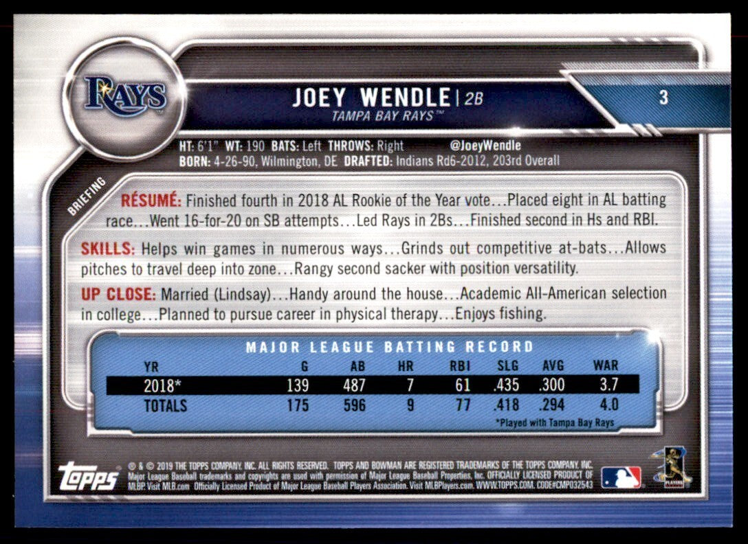 2019 Bowman Joey Wendle Baseball Cards #3